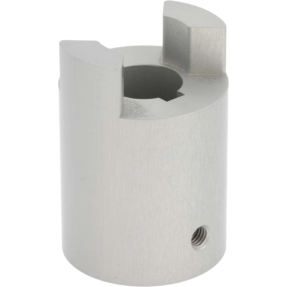 Hard anodized aluminum motor coupler with threaded hole on side. Part shown on white background.