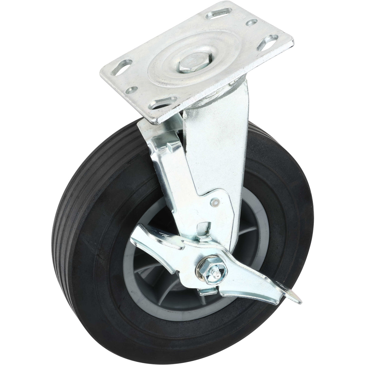 Swivel Caster with black rubber wheel material and locking break on white background.