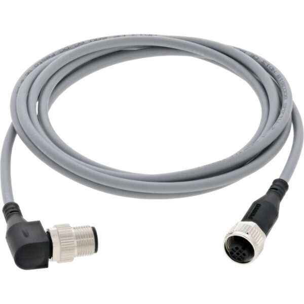 Grey coiled connecting cable with a 90 degree molded end on one end and a straight molded end on the other. Cable shown on white background..