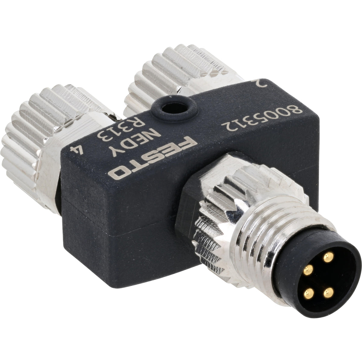 2 to 1 Y distributor with black plastic housing and threaded nickel-plated brass ports on white background.