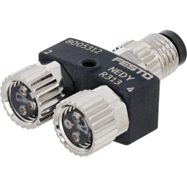 2 to 1 Y distributor with black plastic housing and threaded nickel-plated brass ports on white background.