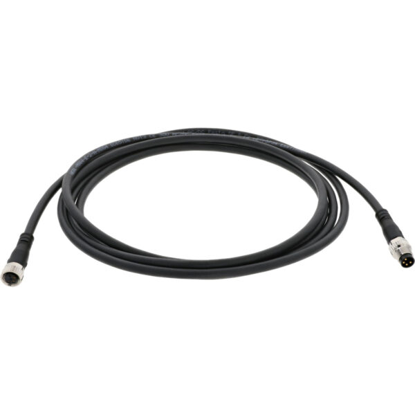 Coiled black 2 meter connecting cable with a four pin female connector on one end and a four pin male connector on the other. Cable shown on white background.