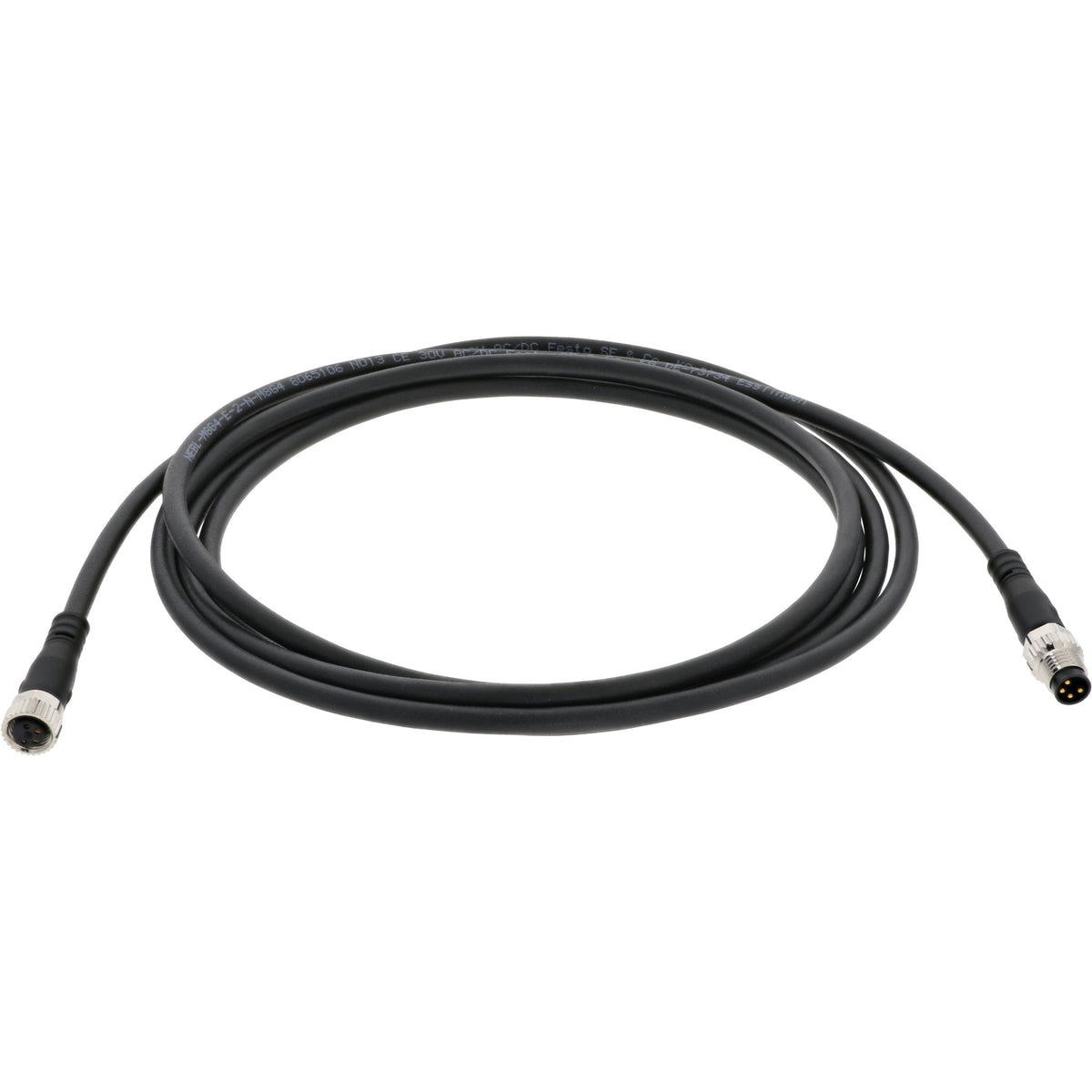 Coiled black 2 meter connecting cable with a four pin female connector on one end and a four pin male connector on the other. Cable shown on white background.