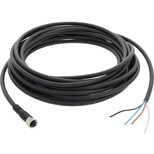 Black 5 meter connecting cable with a nickel plated four-pin female connector on one end and an a black, blue, brown and white wire on the other. Cable is shown on a white background.