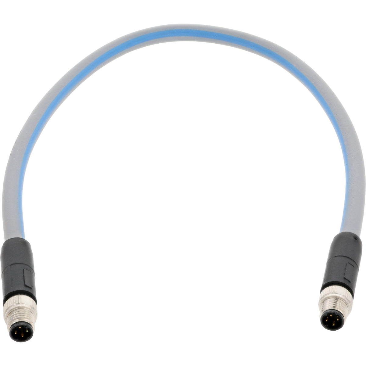 Blue and grey .3 meter connecting cable with nickel plated four pin connectors on both ends. Cable shown on white background.