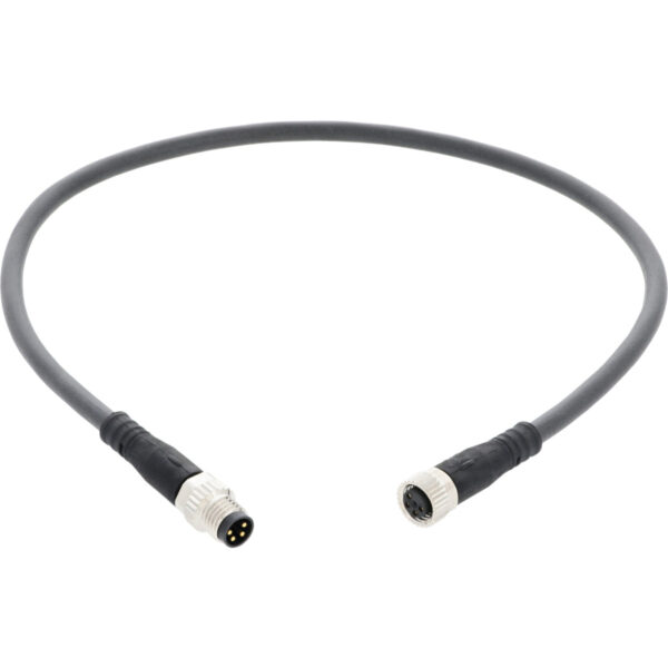 Dark grey connecting cable with nickel plated four pin male connector on one end and a nickel plated four pin female connector on the other. Cable shown on a white background.