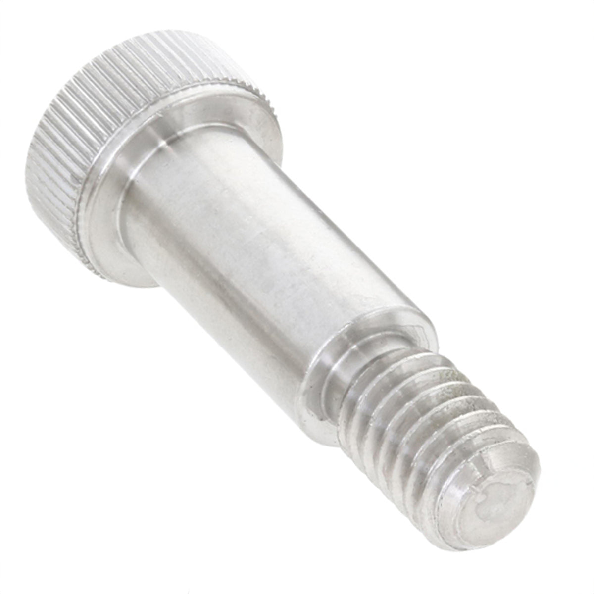 Stainless steel shoulder bolt with hex drive on white background.