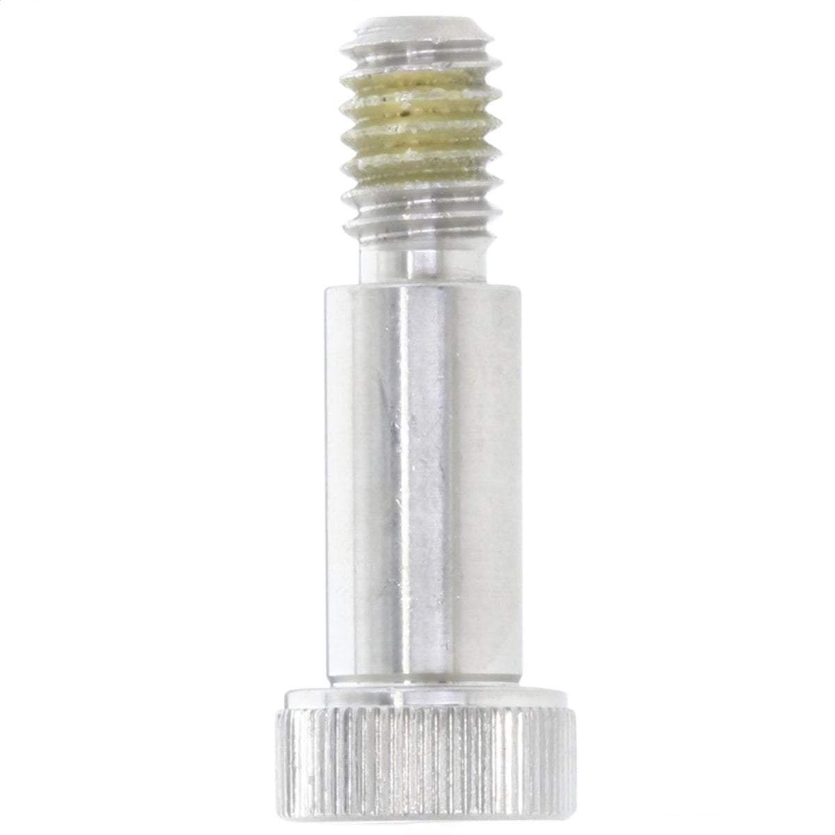 Stainless steel shoulder bolt with hex drive on white background.