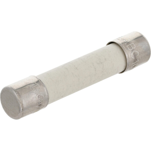 White ceramic 10 Amp Fast Acting fuse with nickel-plated brass endcaps. Fuse is shown on white background.