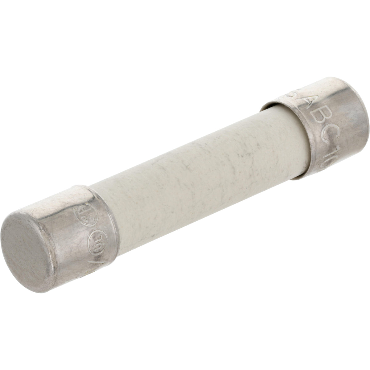 White ceramic 10 Amp Fast Acting fuse with nickel-plated brass endcaps. Fuse is shown on white background.