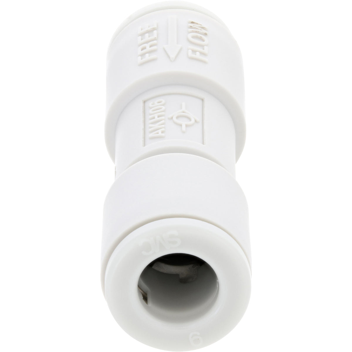 White 6mm check valve on white background.