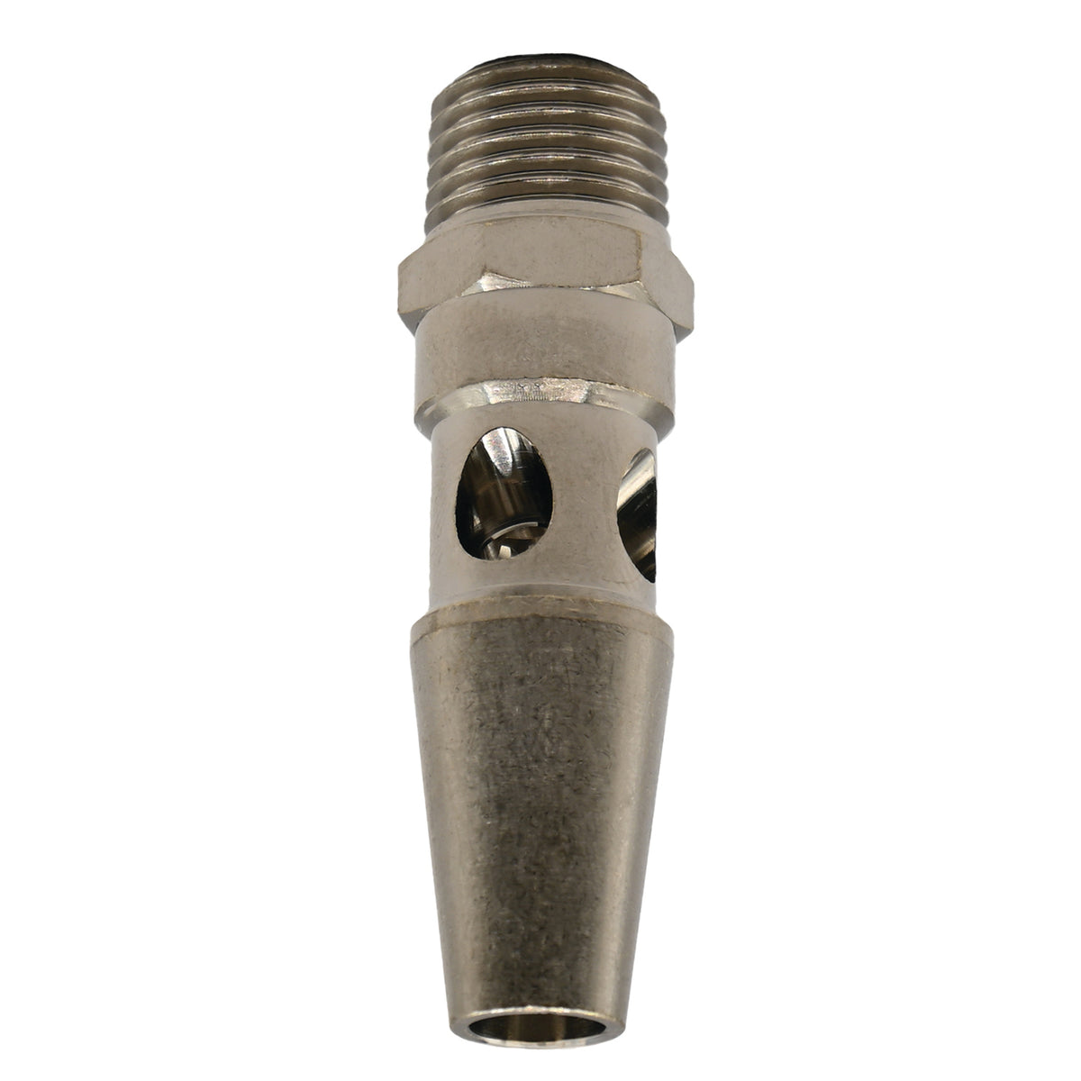 Conical metal air nozzle with threaded base and two through holes on white background.
