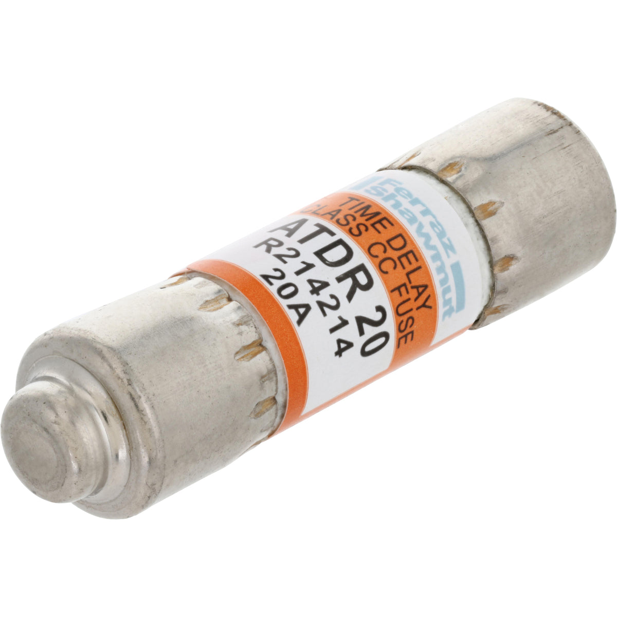 Metal 20 Amp Time-Delay fuse with orange, blue and black label on center. Fuse is on a white background.