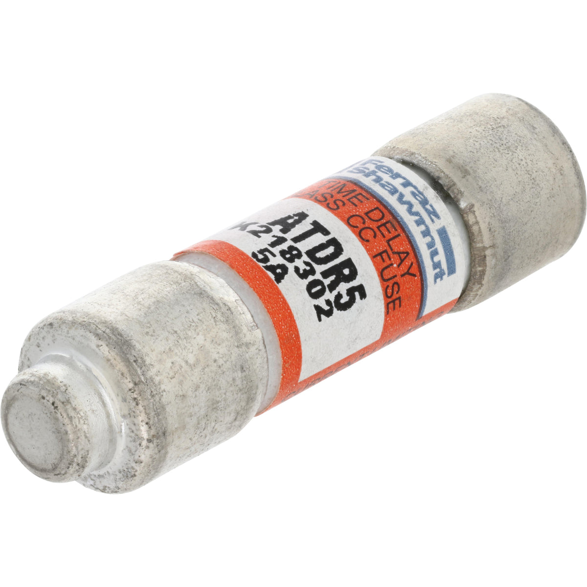 Metal 5 Amp Time-Delay fuse with orange, blue and black label on center. Fuse is on a white background.