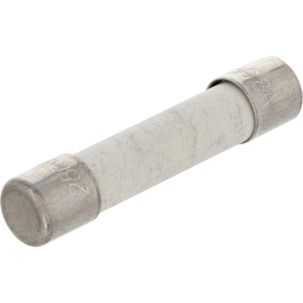 Eaton Electronics Ceramic 8A Fast Acting Fuse 0.25" x 1.25" shown on white background.