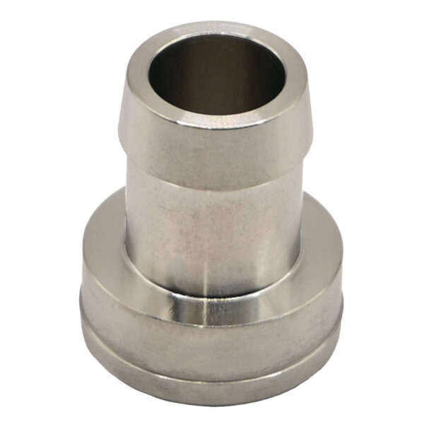 Machined stainless steel barb with through hole on white background.