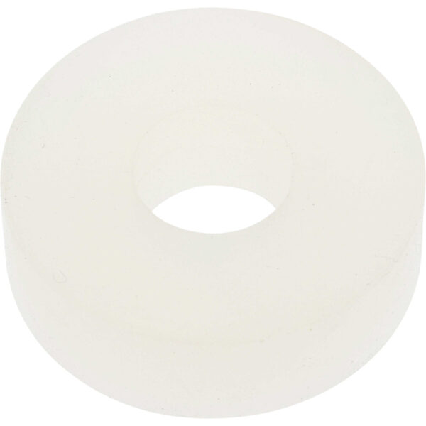 Off white, disk shaped rubber seal with hole in center on white background. P0-00152