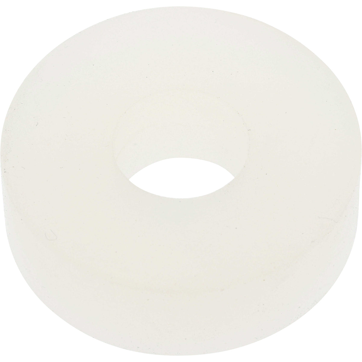 Off white, disk shaped rubber seal with hole in center on white background. P0-00152