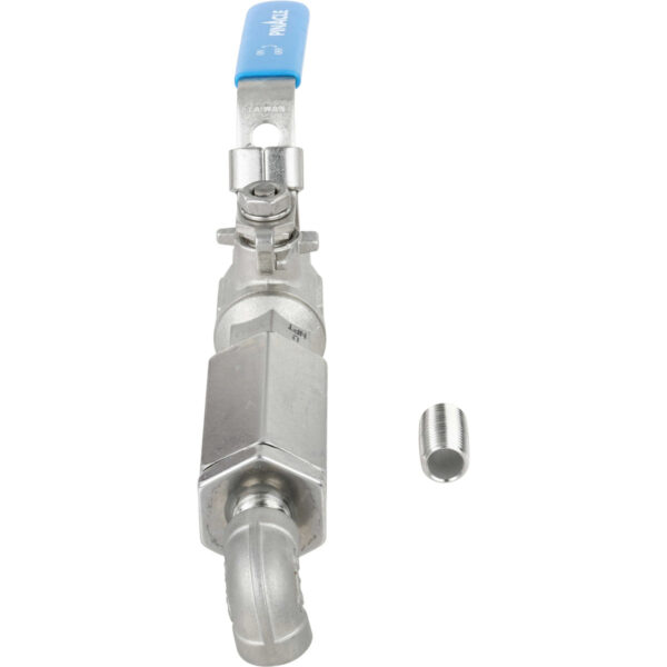 Stainless steel ball and check valve assembly with blue on/off handle on white background.