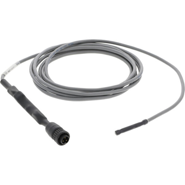 Grey coiled cable with a black plastic female electrical connection on one end and a black temperature sensor on the other. Shown on white background.