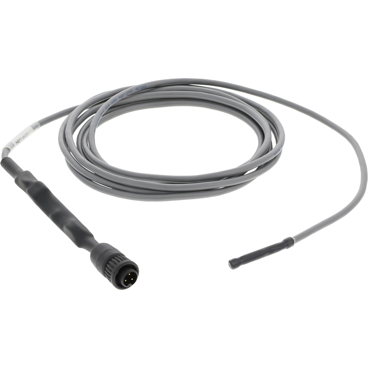 Grey coiled cable with a black plastic female electrical connection on one end and a black temperature sensor on the other. Shown on white background.