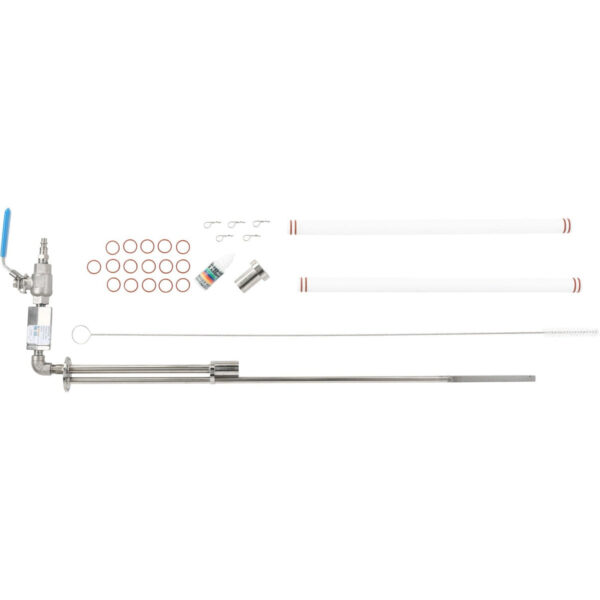 An assortment of parts on a white background that include: A stainless steel stone carrier with a built in thermowell, two 16" 0.5 micron ceramic carbonation stones with 15" porous section, one cleaning brush, one bottle of FDA Approved lube, five hair grip stainless steel cotter pins and sixteen spare O-Rings.