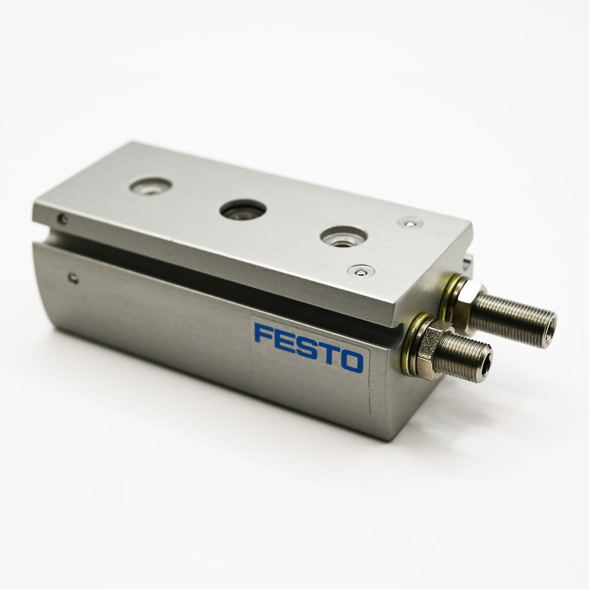 Grey aluminum rack and pinion pneumatic cylinder on white background.