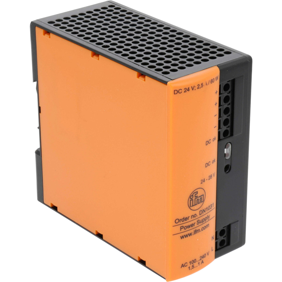 Orange and black power supply 24 V DC on white background.