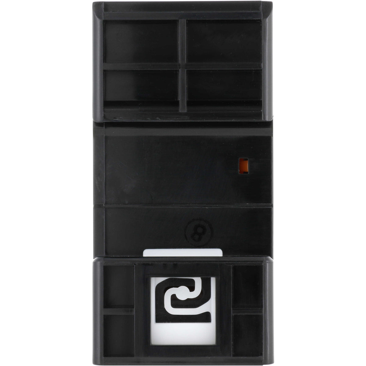 Orange and black power supply 24 V DC on white background.