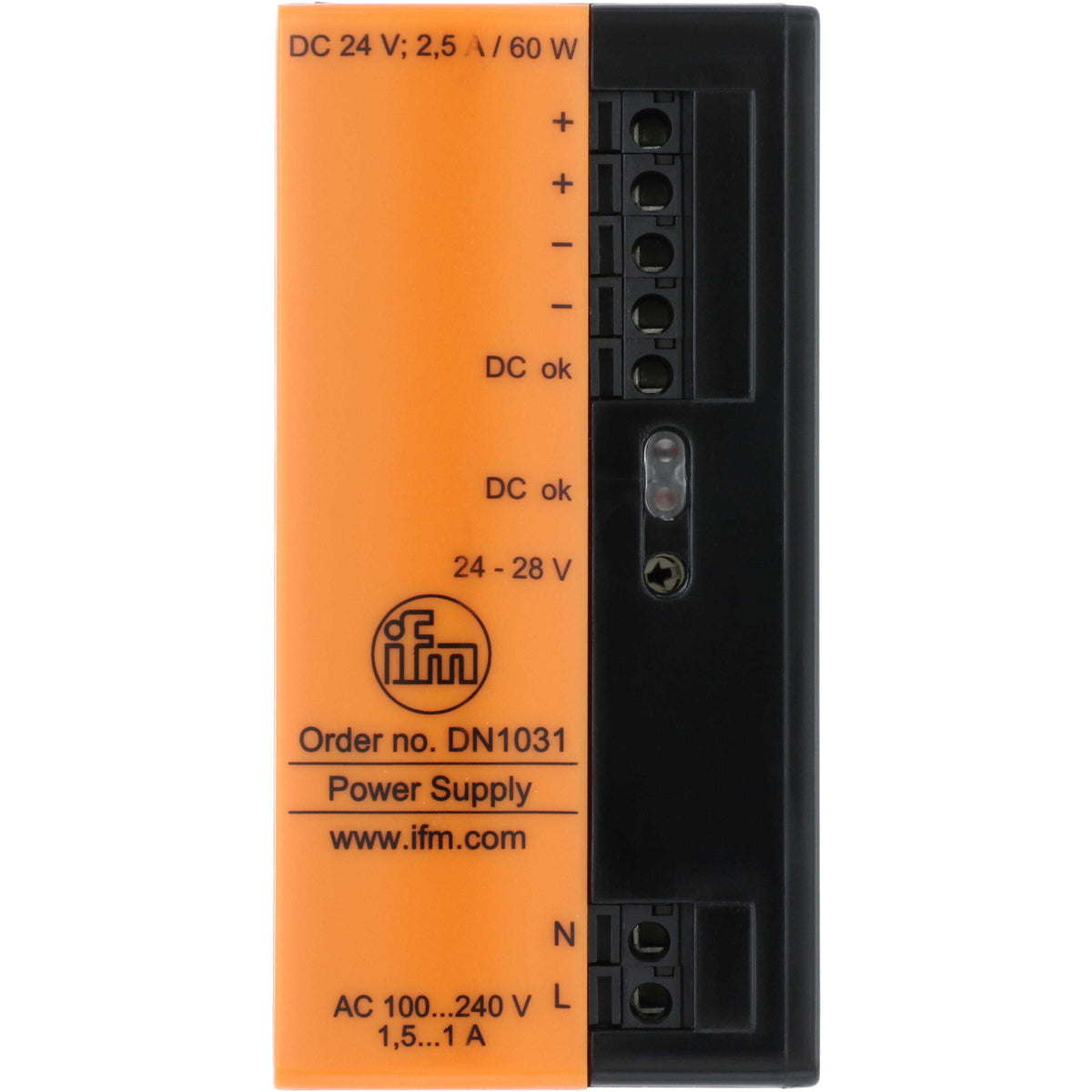 Orange and black power supply 24 V DC on white background.