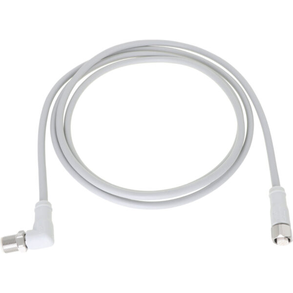Coiled white connection cable with one 90 degree male threaded end and one straight female end on white background.