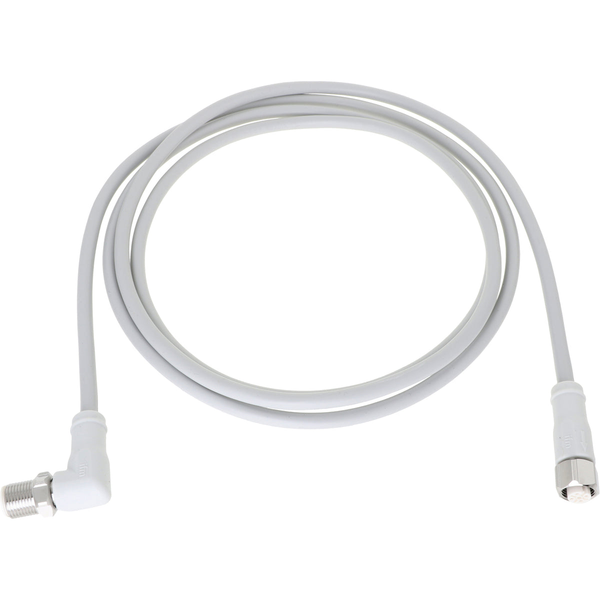 Coiled white connection cable with one 90 degree male threaded end and one straight female end on white background.