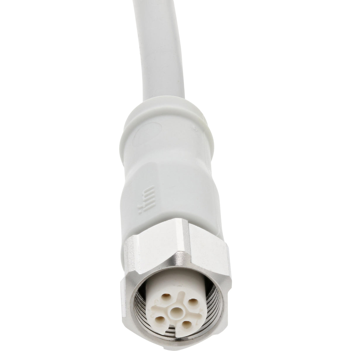 Coiled white connection cable with one 90 degree male threaded end and one straight female end on white background.