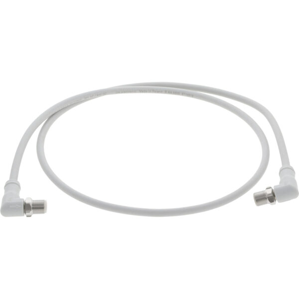 White coiled Ethernet connection cable with 90 degree molded ends on white background.