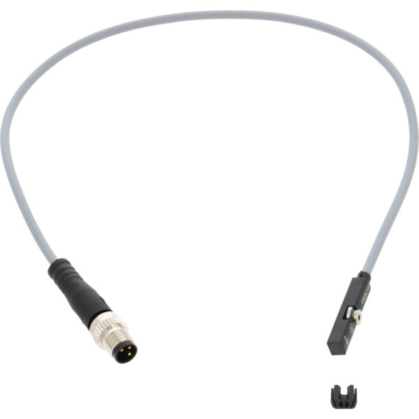 Small black rectangular proximity sensor connected to grey cable and black 3 wire male plug. Sensor is shown on white background. 574334