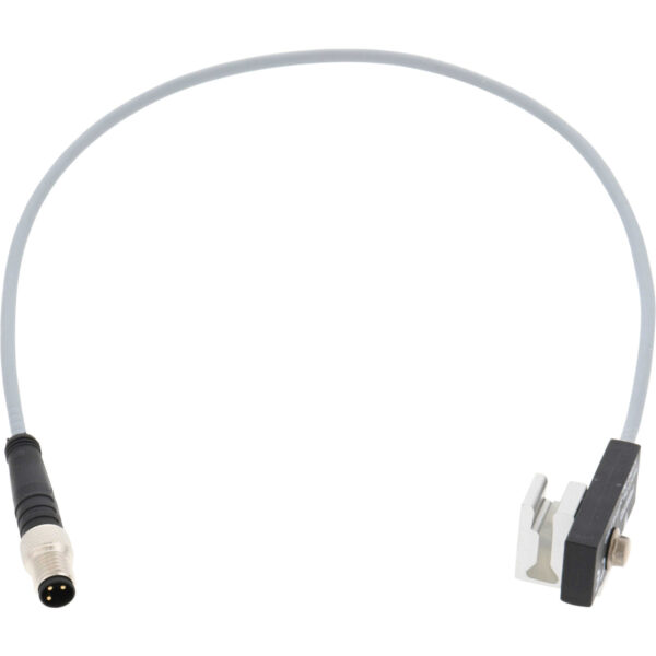 Small black rectangular proximity sensor connected to grey cable and black 3 wire male plug. Sensor is shown on white background. 571342