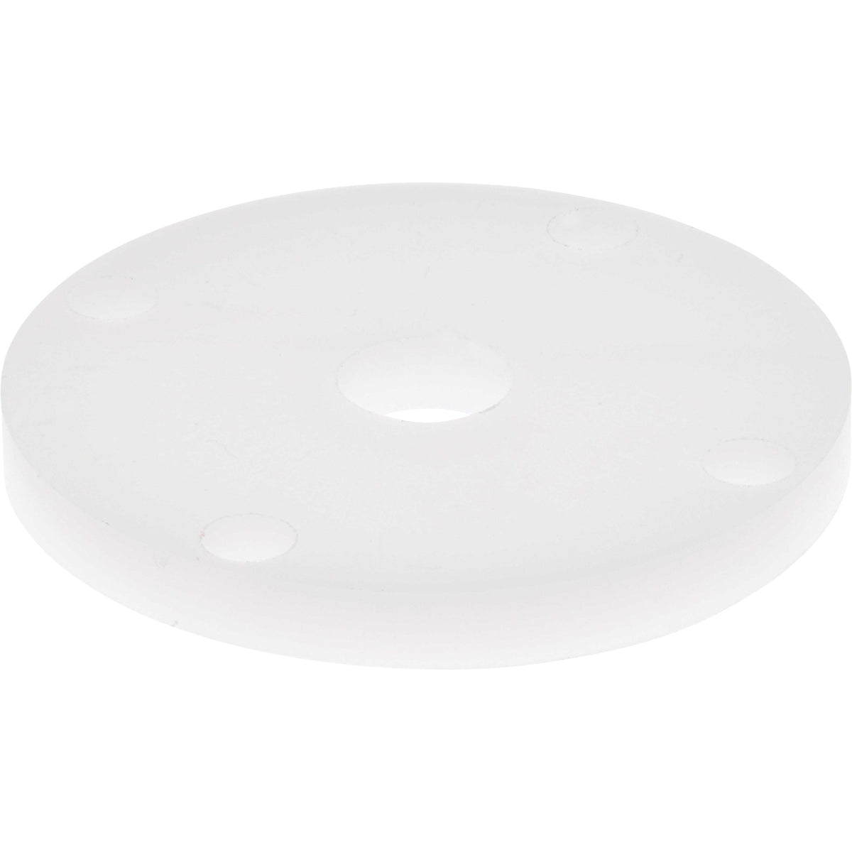White plastic disk shaped part with four evenly spaced through holes on outer diameter and one larger through hole in the center of the part. Part shown on a white background.