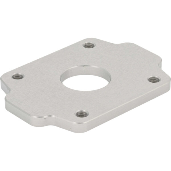 Machined aluminum plate with one larger center hole and four smaller threaded holes on each corner. Part shown on white background.