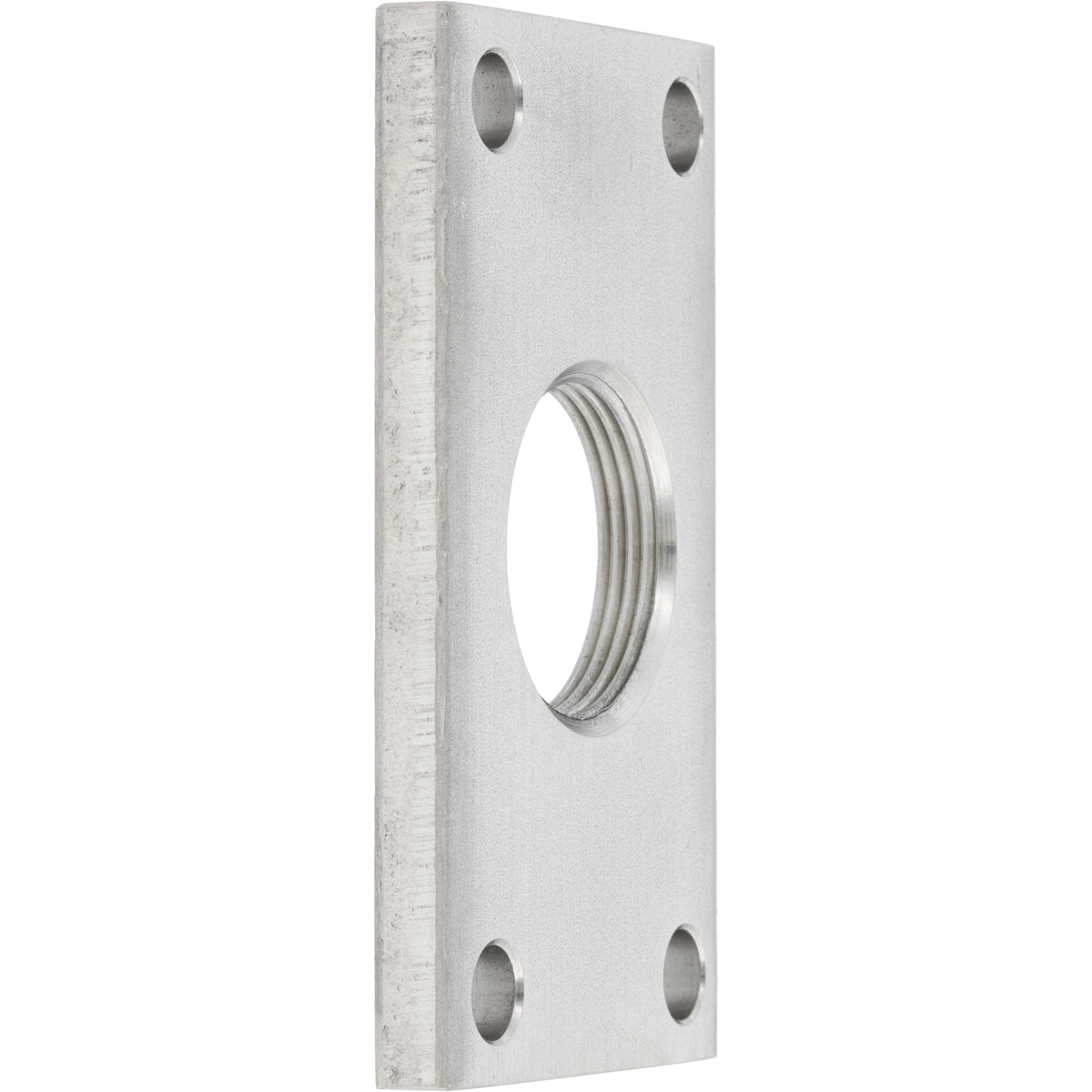 Rectangular stainless steel plate with large threaded center hole and four smaller through holes on each corner. Part shown on white background.
