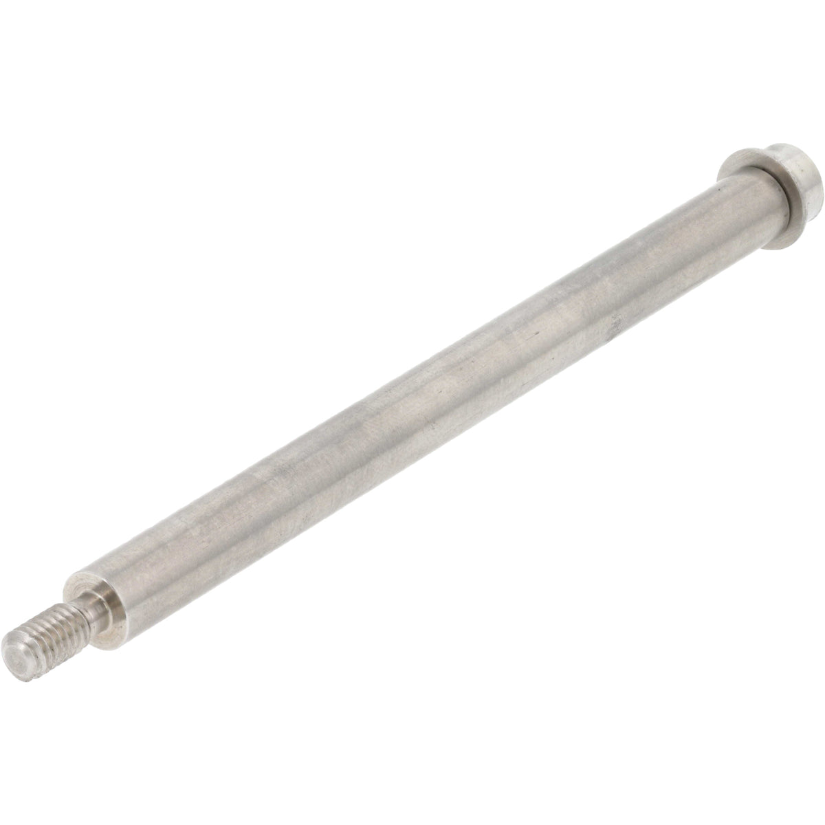 Stainless steel rod with threads on one end and an inserted socket head cap screw atop a flat washer on the other. Part shown on white background.