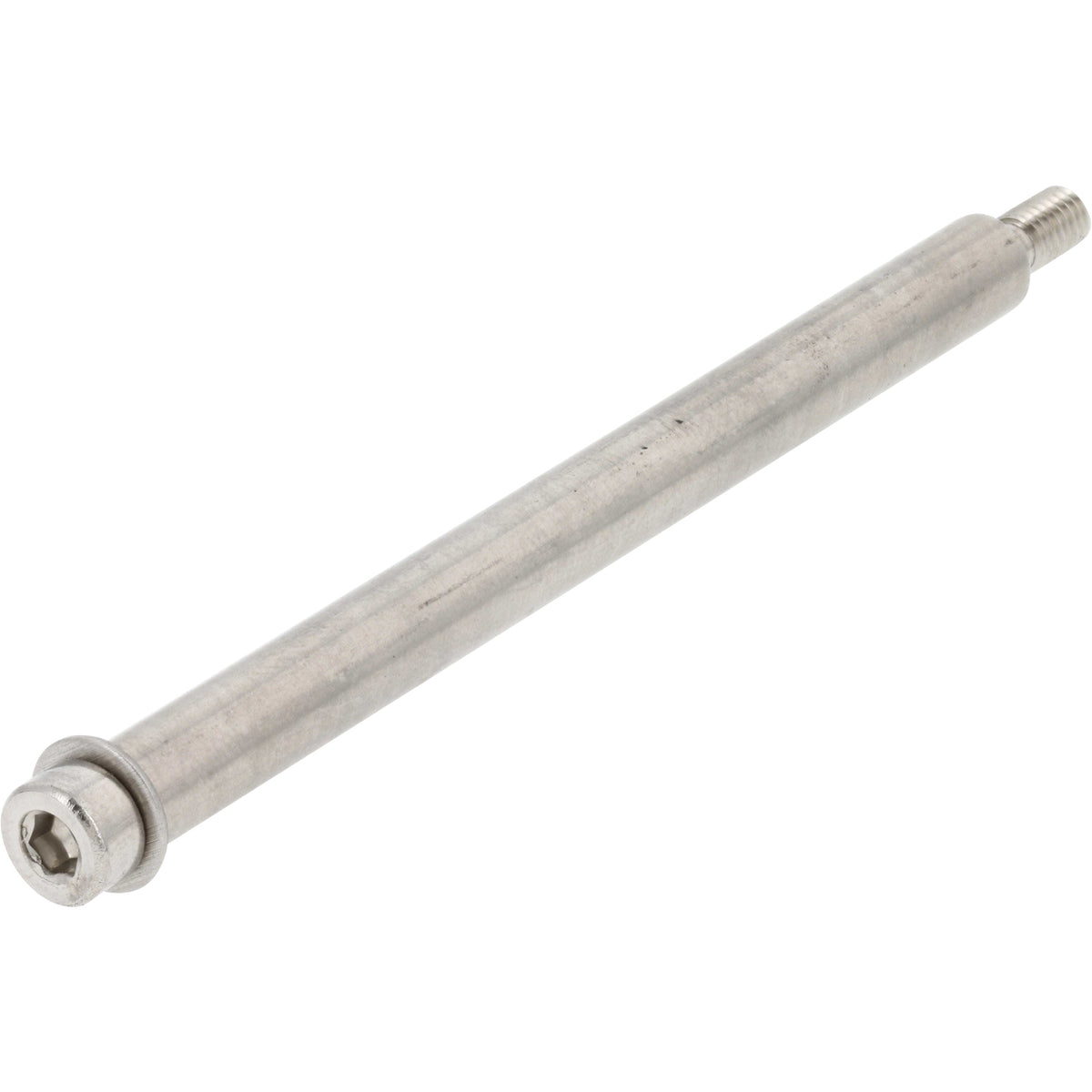 Stainless steel rod with threads on one end and an inserted socket head cap screw atop a flat washer on the other. Part shown on white background.