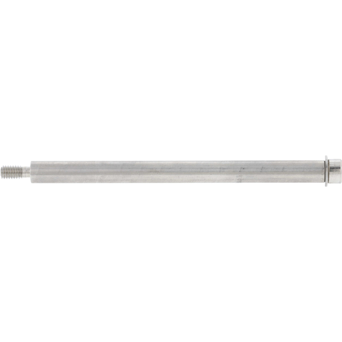 Stainless steel rod with threads on one end and an inserted socket head cap screw atop a flat washer on the other. Part shown on white background.