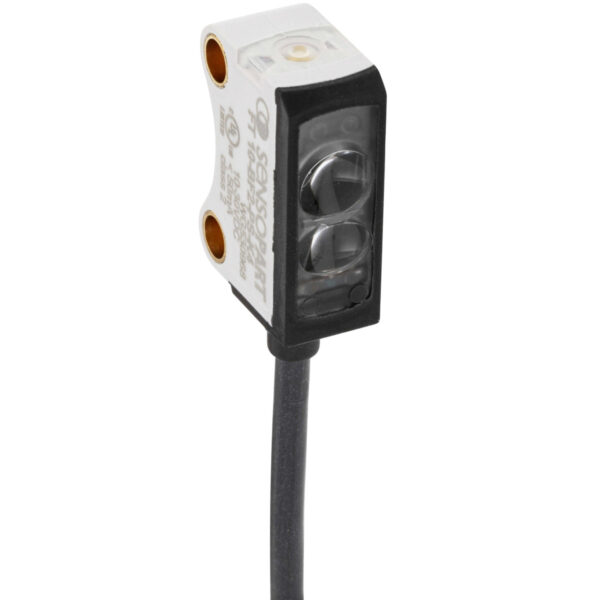 White and black photo sensor with black cable on white background.