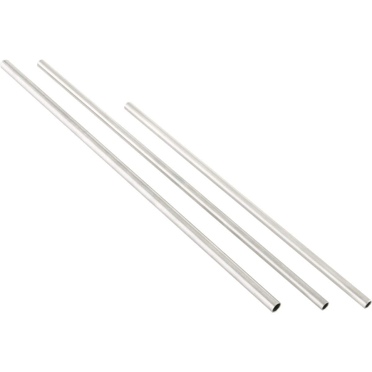 An assortment of three differently sized stainless steel tubes on white background.