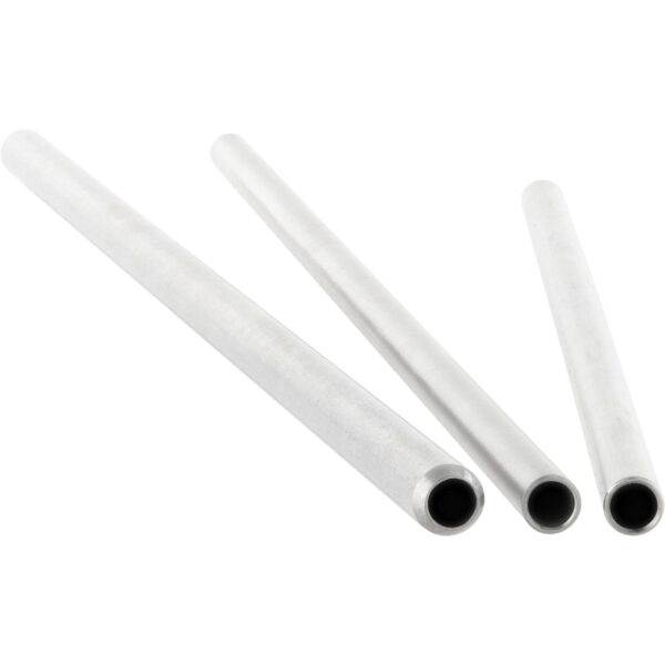An assortment of three differently sized stainless steel tubes on white background.