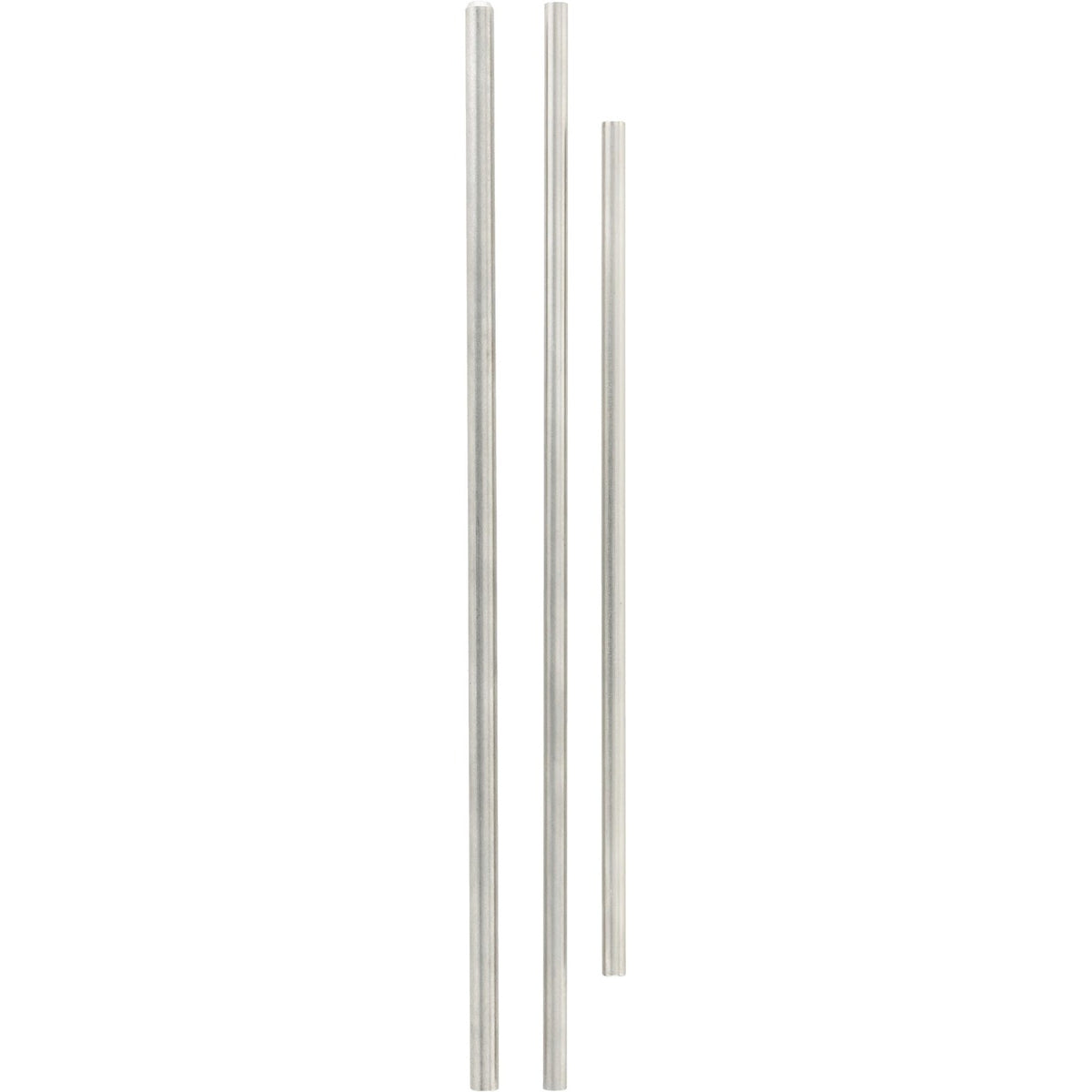An assortment of three differently sized stainless steel tubes on white background.
