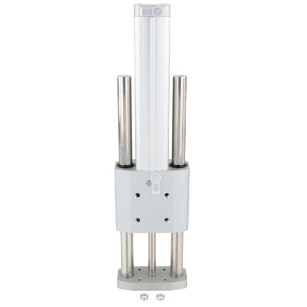 Pneumatic cyliner with two guided rods and a center cylinder rod. shown on white background.