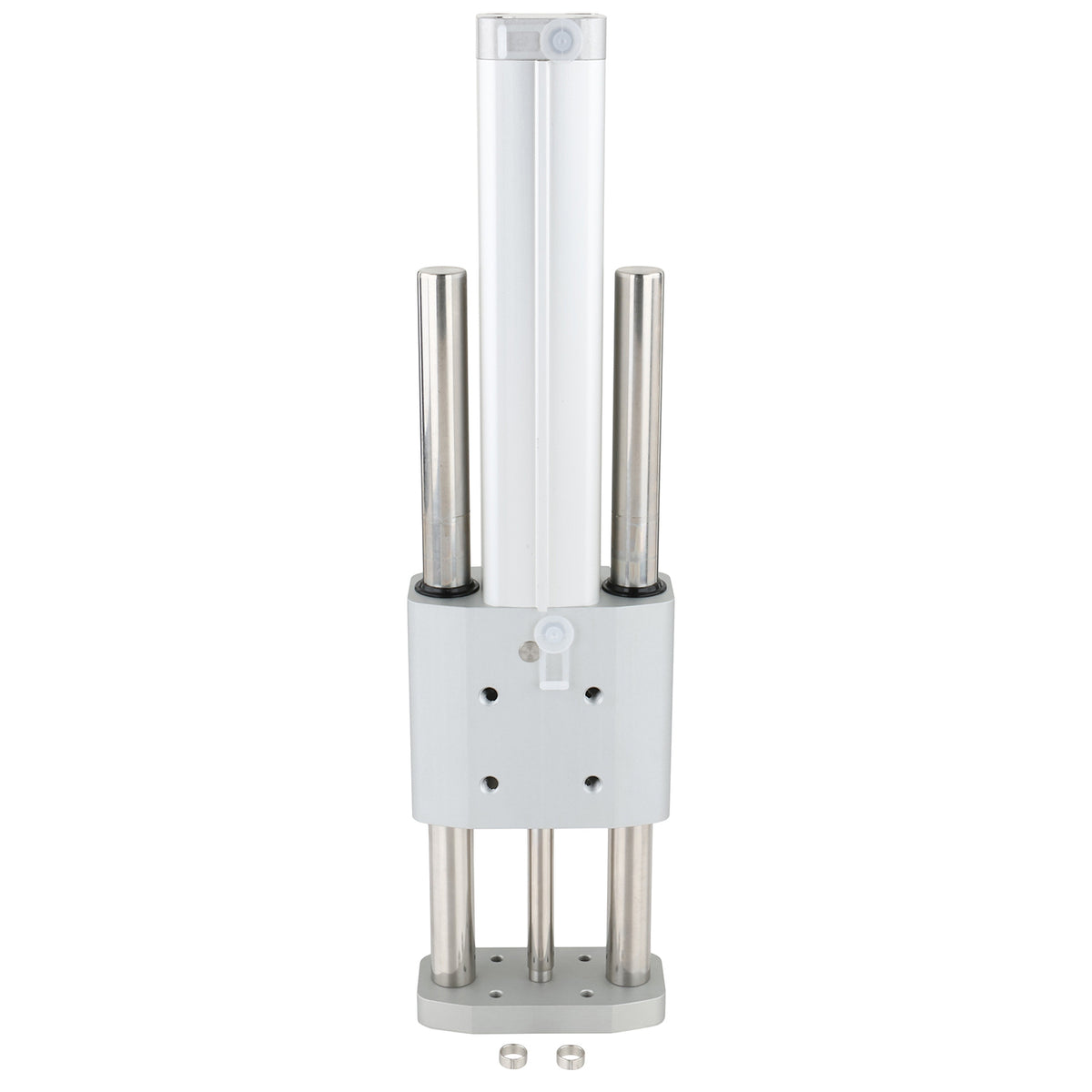 Pneumatic cyliner with two guided rods and a center cylinder rod. shown on white background.