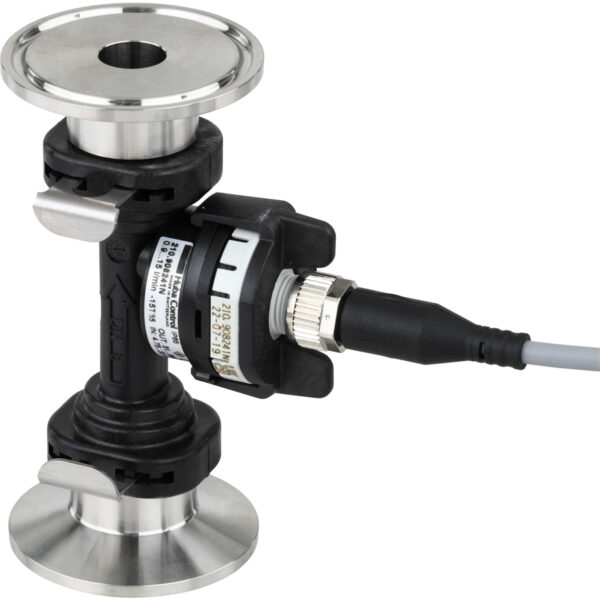 Black and white flow sensor with 1.5 inch stainless steel tri-clamp fittings on each end and a sensor cable connected to the center of part. This part is shown on a white background.