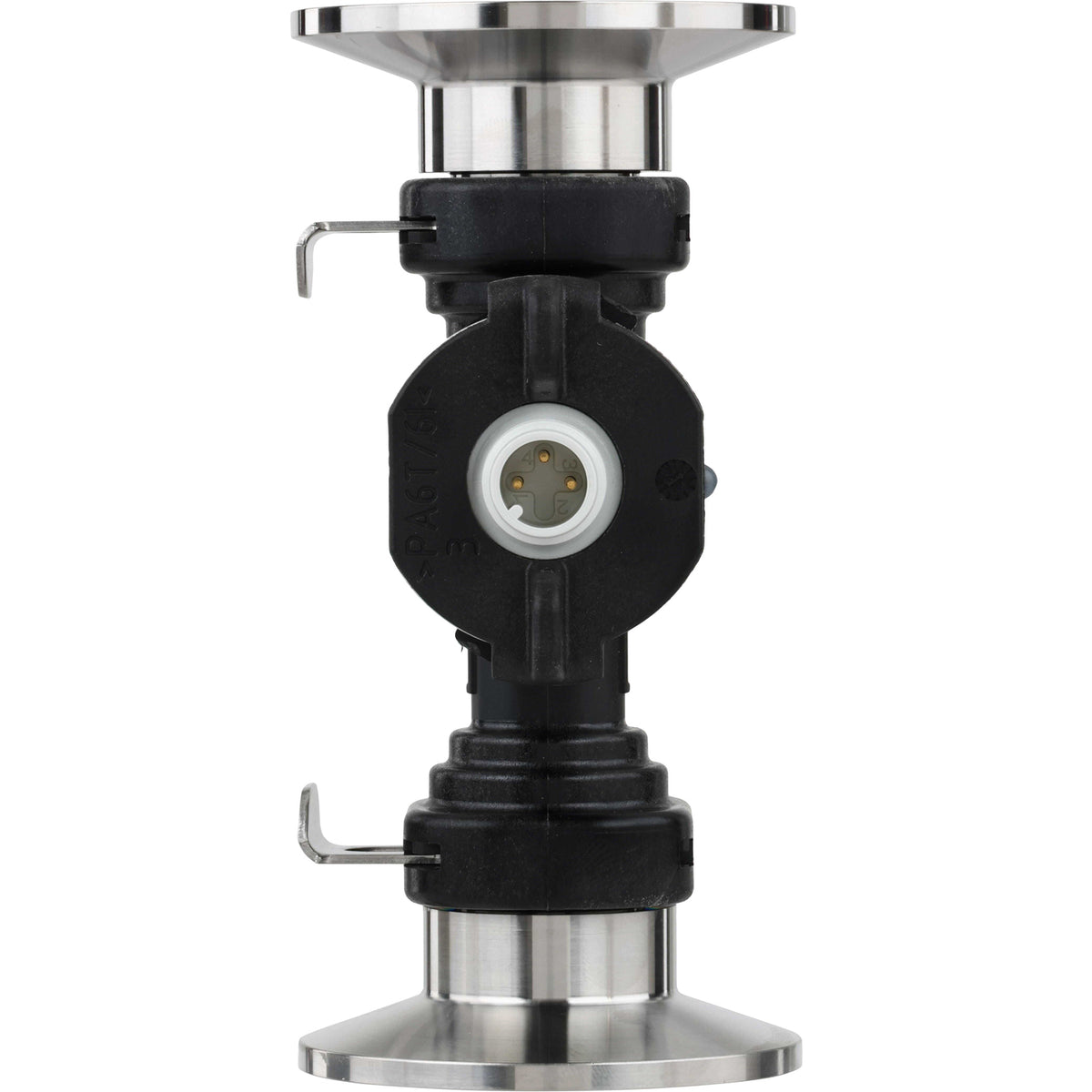 Black and white flow sensor with three electrical pin connections in the center of the part and stainless steel tri clamp adapters on each end. This part is shown on a white background.